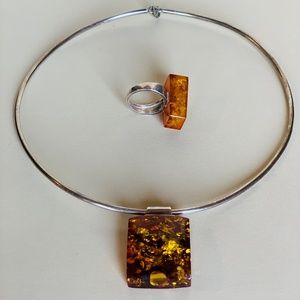Sterling Silver Baltic Amber Ring & Necklace set